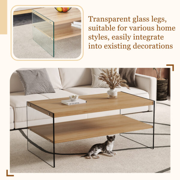 Double layered rectangular coffee table.The board is made of MDF with wooden stickers, with transparent tempered glass on both side.Suitable for various occasions such as living rooms and bedrooms.