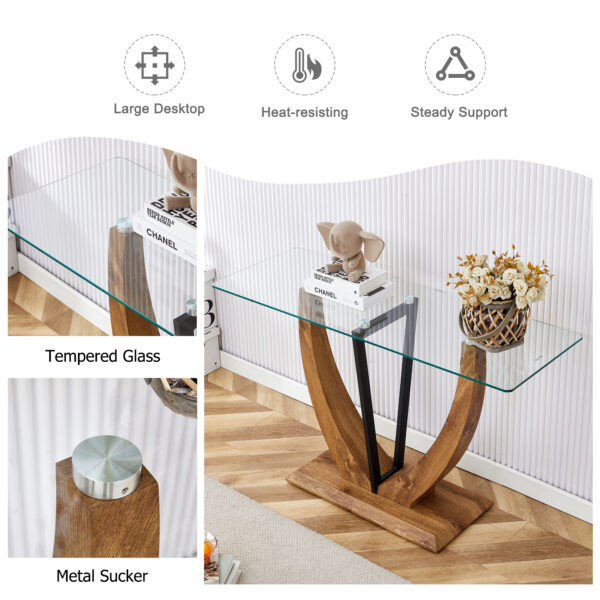 8e288306a8c04412982fd037815cc515_d3060ab17835b5bf6274ef843886a159 Modern minimalist rectangular glass table with 0.39 "tempered glass top and MDF wood grain sticker legs, suitable for entrance and living room.