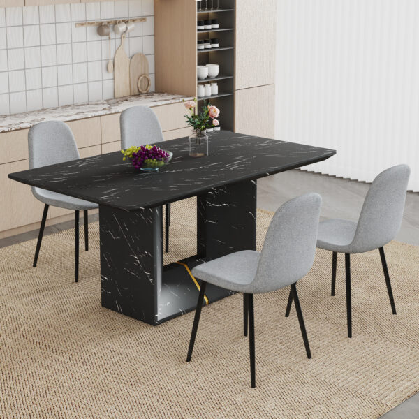 Table and chair set.Black Marble Pattern MDF Dining Table Set - 63"x35.4" with 4 Light Gray Linen Fabric Chairs.Integrated Seat and Backrest,Linen-Cotton Material.Suitable for kitchen,Dining room,etc.