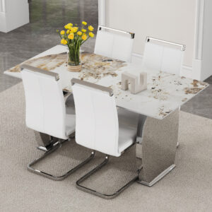 Table and chair set.63*31.4 Inch Pandora Patterned Sintered Stone Dining Table Set - 4 White PU Chairs With Silver Metal Legs.Modern Light Luxury.Perfect For Dinner Room,Meeting Room,Kitchen,etc.