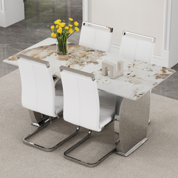8e66883bba894c55aebfbe641f5a9f8b_01585acf689f6e2dc1e7ae6c28b4dfd8 Table and chair set.63*31.4 Inch Pandora Patterned Sintered Stone Dining Table Set - 4 White PU Chairs With Silver Metal Legs.Modern Light Luxury.Perfect For Dinner Room,Meeting Room,Kitchen,etc.