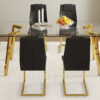 Table and chair set.71 * 35.4 inch rectangular dining table.Tempered Glass Tabletop,Golden 7-shaped Metal Table Legs.Paried With 6 Black High-quality PU Chairs With Arched Metal Legs.W1151S03301