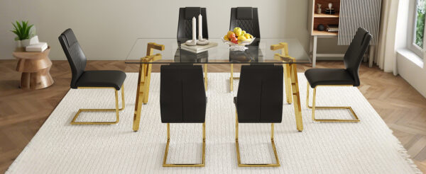 8e9acc581c7f42e7b97bcf560933c7f6_865d9e465e3899f59707b73004cda4ec Table and chair set.71 * 35.4 inch rectangular dining table.Tempered Glass Tabletop,Golden 7-shaped Metal Table Legs.Paried With 6 Black High-quality PU Chairs With Arched Metal Legs.W1151S03301