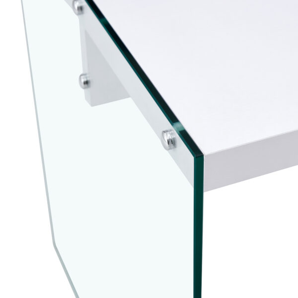 8eab427374754e60b3290b891bdf39db_e5b2b30bbedf3932ccb2c16faeb0dd5c Table and chair set.White MDF Coffee Table - Reinforced with Tempered Glass Legs.Paired with 4 Dark Gray high-quality PU chairs with silver metal legs.