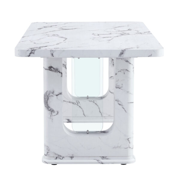 8eb0ce3e7eb74af3af6dd4b97ec7a11b_fabcd1707d885653def37deacfe7abc8 64.5 x 35.4 Inch Stylish Marble Textured Dining Table, Perfectly Blending Simplicity And Transparency. Made of MDF Material With White Marble Texture Stickers, It Exudes A Strong Sense Of Fashion.