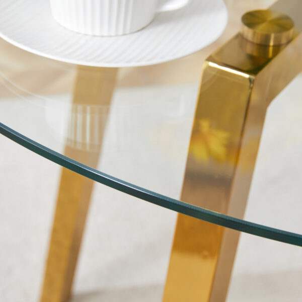 8ec3ee908ccf4a67b6c3d17dfad4326b_167a20e2c2654f49222c59c77fce7873 Modern Luxurious Round Tempered Glass Dining Table with Gold 7-Shaped Metal Legs,suitable for family meals, office conferences, or as a casual coffee table for various occasions.36*36*29.5