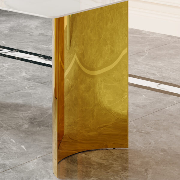 8ec5cc6ca86e4448aa5e6da49593737b_8aa3f2a8b5210388adf0bca48b9bf838 Modern minimalist dining table. White imitation marble glass sticker tabletop, golden table legs, stable and beautiful. Suitable for living room and dining room 63" *35.4" *30 DT-69