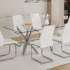 Table and chair set.71''*35.4'' Inch Modern Luxurious Transparent Tempered Glass Dining Table Set with 6 Chairs.Double Fork Silver Metal Table Legs.White High-quality PU Dining Chairs.