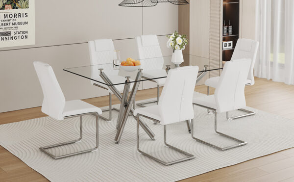 8edc5a9a8e6849869fb704ce6842d81f_f3c3fdb2f6339bd87a30b78ca39fe67b Table and chair set.71''*35.4'' Inch Modern Luxurious Transparent Tempered Glass Dining Table Set with 6 Chairs.Double Fork Silver Metal Table Legs.White High-quality PU Dining Chairs.