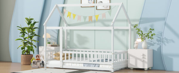 Twin Size House Floor Wooden Bed with Roof Frame,Safety Guardrails,White