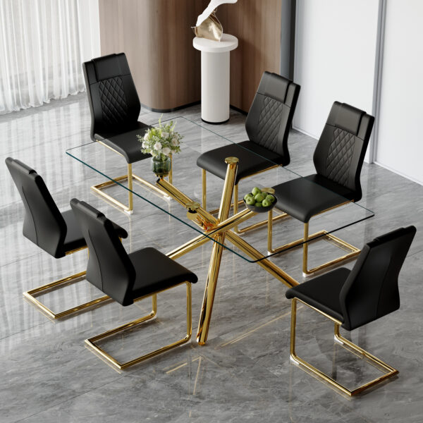 8ef9d93edcd04754a024a9c340cd6758_e217cec1da26ae3badf05b2e65a2f430 Table and chair set.Modern Luxurious Transparent Tempered Glass Dining Table Set with 6 Chairs.Single Fork Golden Metal Table Legs.Black high-quality PU dining chairs with golden metal legs.