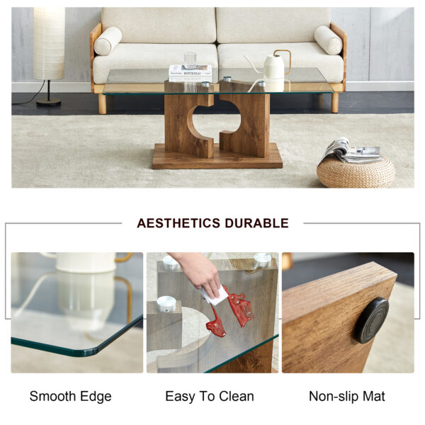 8f35056f7c2e4387aced42129e76ab73_20240204_b2af60173f4542643271d86ad0311271 A rectangular modern and fashionable coffee table with tempered glass tabletop and wooden color MDF legs. Suitable for living room.47.2"*25.5"*18"