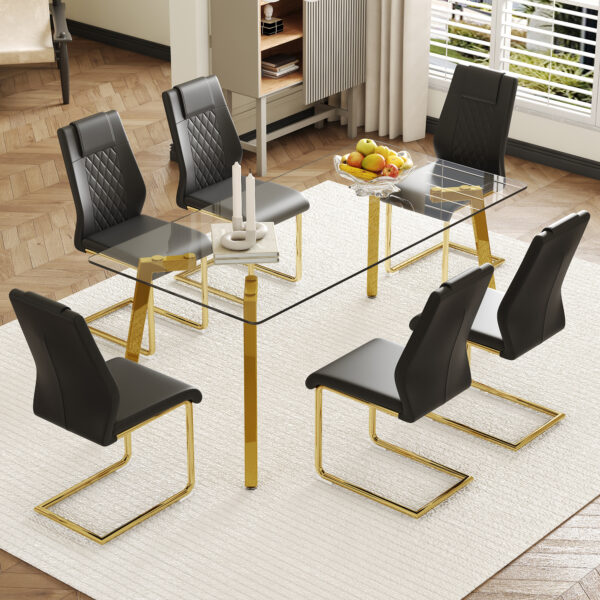 8f361f8ada2a4e63b4ce6d3386a2513e_5d8d9670d24219fa7a7db33c41662ab6 Table and chair set.71 * 35.4 inch rectangular dining table.Tempered Glass Tabletop,Golden 7-shaped Metal Table Legs.Paried With 6 Black High-quality PU Chairs With Arched Metal Legs.W1151S03301