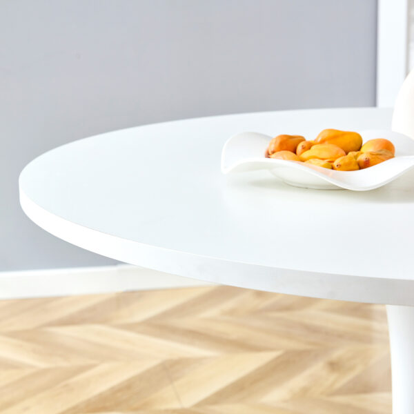 8f4f313ef4d74d6b943b9108e4cf40ac_8768311df2c22199c5f2ff08fa1c5406 Table and chair set.Hourglass-Shaped Stable Small Round Table -31.9" * 31.9" with 2 Cream-Style dining chairs with a vertical line design on backrest.Adding a warm atmosphere to your family.