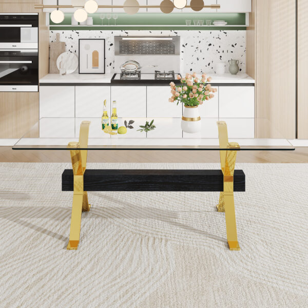 8f5f12bd495d4205b669c61f8e35c110_20230705_ef3e7e9aa1428630b893b6fcd5249782 Dining table. Modern tempered glass dining table. Large modern office desk with gold plated metal legs and MDF crossbars, suitable for both home and office use. Kitchen. 79 ''x39''x30 '' 1105