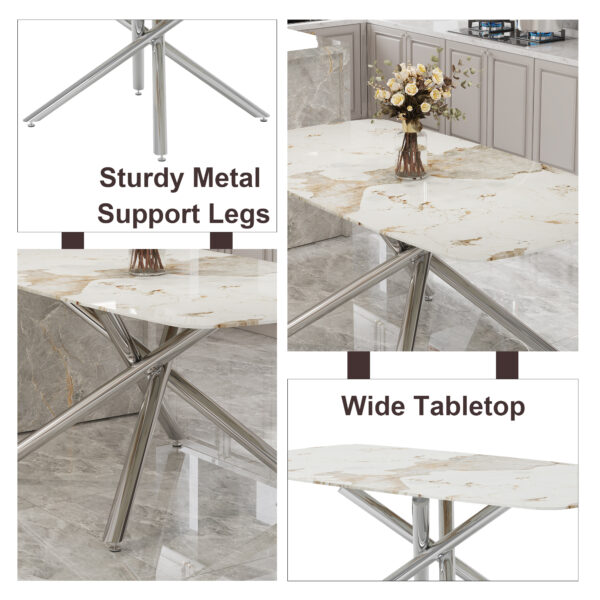 8f634812c501429dbcb3599c19a354d8_73470a329551a4ec8991c586a714e574 Table and chair set.Modern Luxurious white Marble-Patterned Tempered Glass Dining Table with 6 Transparent Plastic Chairs with silver legs.Single fork silver metal table legs.