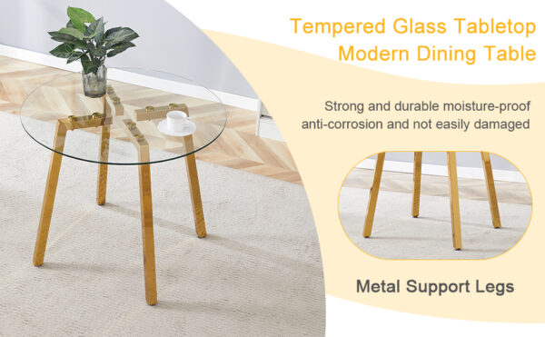 8f69b8ab010f4e8bbb3995020a663d6e_c628b21e216657a8bb203f63ecae163c Modern Luxurious Round Tempered Glass Dining Table with Gold 7-Shaped Metal Legs,suitable for family meals, office conferences, or as a casual coffee table for various occasions.36*36*29.5