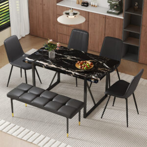 Table and chair set.Modern Black Marble Pattern MDF Dining Table Set - 55"x31.4" with 4 Extended Seat Cushion PU Dining Chairs and 1 Bench,A Choice of Subtle Luxury for Modern Homes.