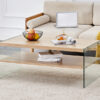 Double layered rectangular coffee table.The board is made of MDF with wooden stickers, with transparent tempered glass on both side.Suitable for various occasions such as living rooms and bedrooms.