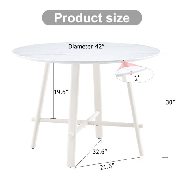 8f8eaa7a7ef5426fb55be0ad2645d5b6_edb5cdd2f3ae494b8a836c53bbc2f1ea A modern minimalist circular dining table with a 42 inch diameter white patterned tabletop and white metal legs. Suitable for restaurants, living rooms, and conference rooms.