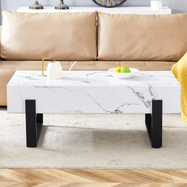 8f9d915b7b4c4143b23320ac2df7cf05_93c2c5b70db7b5e9f0c6a3fa5a3429c8 47.2"x23.6" Black and White Minimalist MDF Marble-Patterned Coffee Table.White marble pattern sticker,Black metal leg spray coating,MDF Coffee table.Showcasing a modern and simple style.