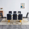 Table and chair set.Large modern rectangular table with 0.4 inch patterned glass tabletop and large MDF table legs.Comes with 8 chairs with faux leather cushioned seats and golden metal legs.
