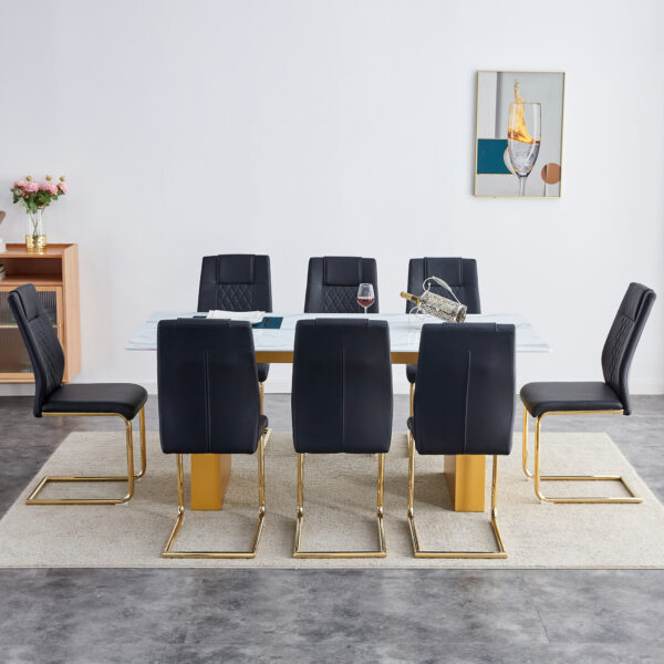 8fac2d8699b84eb388462d5b46ec34e2_191f1c1ce9700b4d371f56d2f8a68e7a Table and chair set.Large modern rectangular table with 0.4 inch patterned glass tabletop and large MDF table legs.Comes with 8 chairs with faux leather cushioned seats and golden metal legs.
