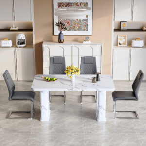 Table and chair set.64.5 x 35.4 Inch Stylish White Marble Textured Dining Table,Perfectly Blending Simplicity And Transparency.Paried With 4 Dark Gray High-quality PU Chairs With Arched Metal Legs.