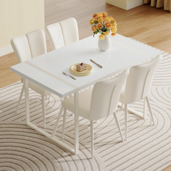 8fee1b019cb14b718f50f64c41f03a4c_9876d38009e4514003d3d521af8c756d 55"x31.5"Cream-Style White MDF Dining Table Set with 4 Armless Chairs.MDF Tabletop and metal legs.The backrest of the dining chair has a vertical line design.Adding a warm atmosphere to your family.