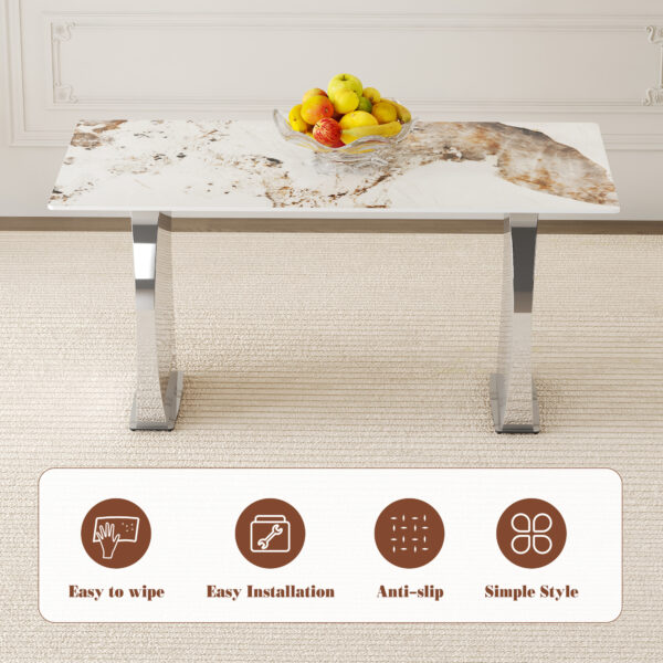 901618a8cfbf46bb8699f0ca8ae356ea_ecc407eeafc8691744ed409ea961e97a Table and chair set.63*31.4 Inch Pandora Patterned Sintered Stone Dining Table Set - 6 White Chairs With Silver Metal Legs.Modern Light Luxury.Perfect For Dinner Room,Meeting Room,Kitchen,etc.