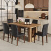 Table and chair set.64.5 x 35.4 Inch Stylish Wood Color Textured Dining Table.Perfectly Blending Simplicity And Transparency.Paried With 6 Black PU Dining Chairs with Walnut Color Metal Leg.