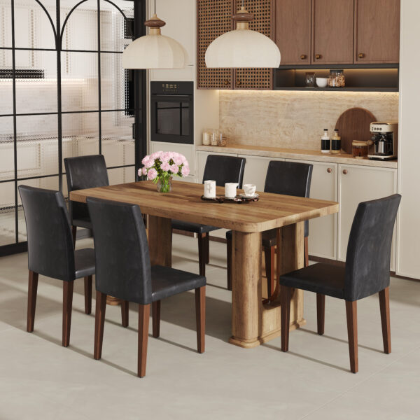 903d1af36d374afe8d136aa026c6ef7d_8a0e006eba504ea210de7eecfa2331fe Table and chair set.64.5 x 35.4 Inch Stylish Wood Color Textured Dining Table.Perfectly Blending Simplicity And Transparency.Paried With 6 Black PU Dining Chairs with Walnut Color Metal Leg.