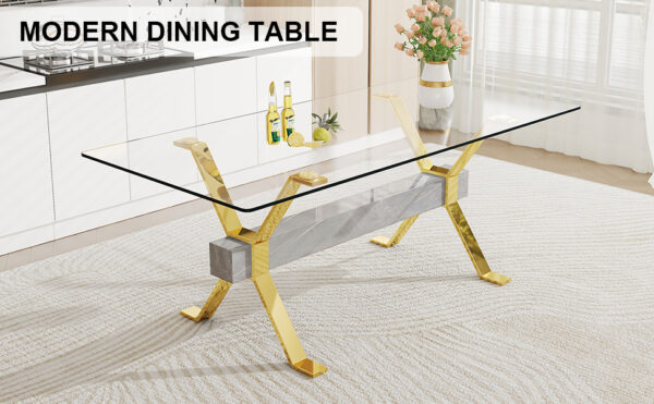 90461b2d071f445f809f26b91cf04e01_20230821_2999e49792511af78f610e9e4b7b0278 Dining table. Modern tempered glass dining table. Large modern office desk with gold plated metal legs and MDF crossbars, suitable for both home and office use. Kitchen. 79 ''x39''x30 '' 1105