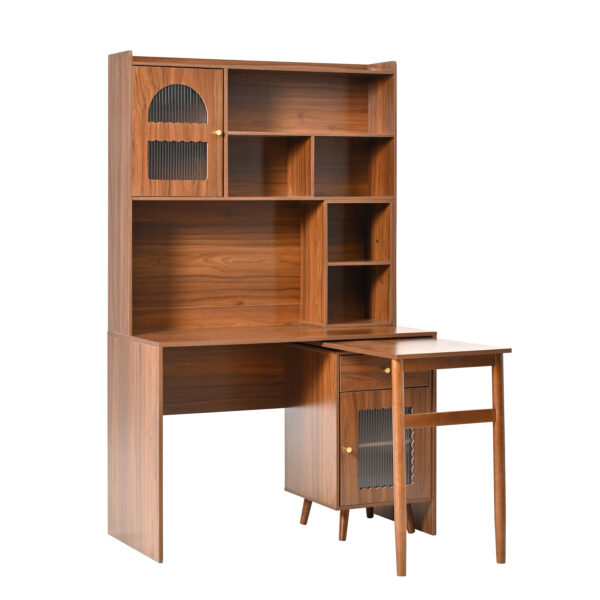 Computer Desk with 90 Degree Rotating Desktop, 43x70 Inch Office Desk with Storage Drawer and Cabinets, Gaming Desk with Shelves, Writing Desk for Study, Work Desk for Home Office Bedroom Living Room