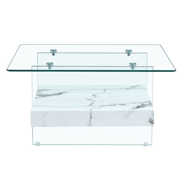 907f77ee5d9b490594b75a93e1b72b1f_b8a26510a65a2e8713de30a5237ce820 31.4 Inch Modern Two-Tier Square Coffee Table - An Elegant Combination of Clear Glass and White Marble Pattern Sticker.It can be used as a coffee table,a side table or a display stand.
