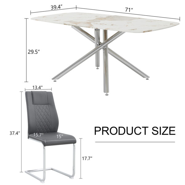 90b390df7aba4233a68511ad4f5d42da_3470793a06c576dfdaba0434ea036352 Table and chair set.Modern Luxurious white Marble-Patterned Tempered Glass Dining Table with 8 Chairs.Single fork silver metal table legs.Dark Gray PU dining chairs with silver metal legs.