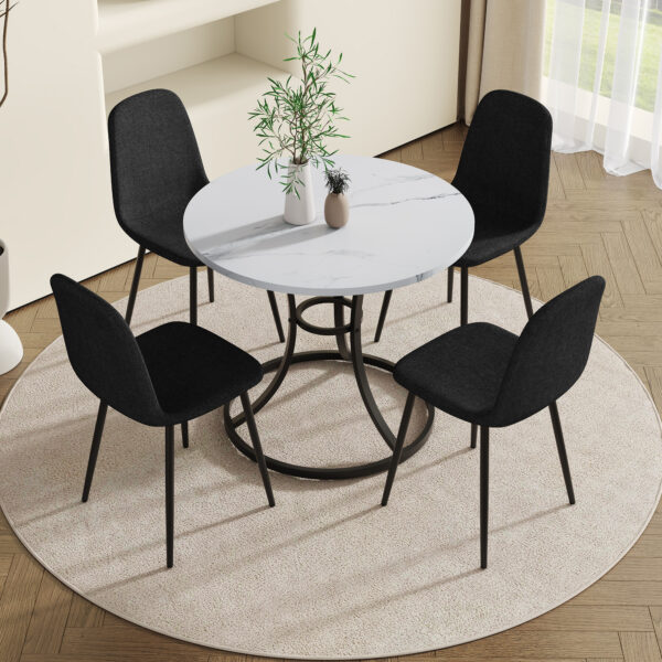 90f29508013c4e638be189b78490c7b6_a52b8a939db2f414a8c9633208e7a06a Table and chair set.A Modern Minimalist Circular Dining Table With A Diameter Of 33.3 Inches.Paired With 4 Black Linen-Cotton Material High Resilience Dining Chair with Metal Black Leg.