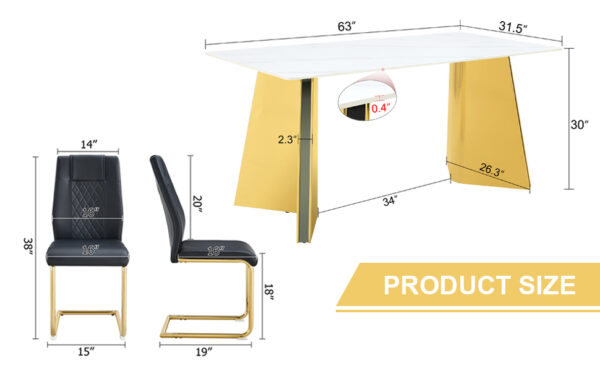 90f91df365ea44b5ae98f202ba2dc43a_d078fd554c0767d811b7d46ec0685c44 Table and chair set.63"x31.5x30" Luxurious Snow Mountain Patterned Sintered Stone Table with Golden Stainless Steel Butterfly Legs.Paried With 6 Black High-quality PU Chairs With Arched Metal Legs.