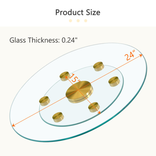 9113f87f437d490381bfd02321acfc6d_75284de44fa1a8849d73e2961785a34e Double layer rotatable round glass.Golden aluminum plate,The rotatable design makes it convenient to retrieve and place items.The upper glass has a diameter of 24 inches, the lower glass15 inches.