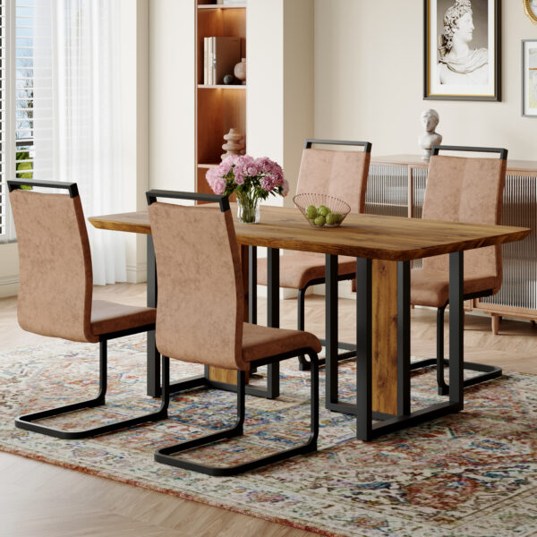 913efdf88206429fafa86dc88ba8593b_61f1ec8c7174304cfe1e1e13ed6a9496 Table and chair set.67"x36" Wood-Textured MDF Dining Table Set with 4 Brown Fabric Chairs.MDF sticker,Wood colored texture sticker,Black C-tube dining chair legs,Suitable for kitchen,Dining room,etc.