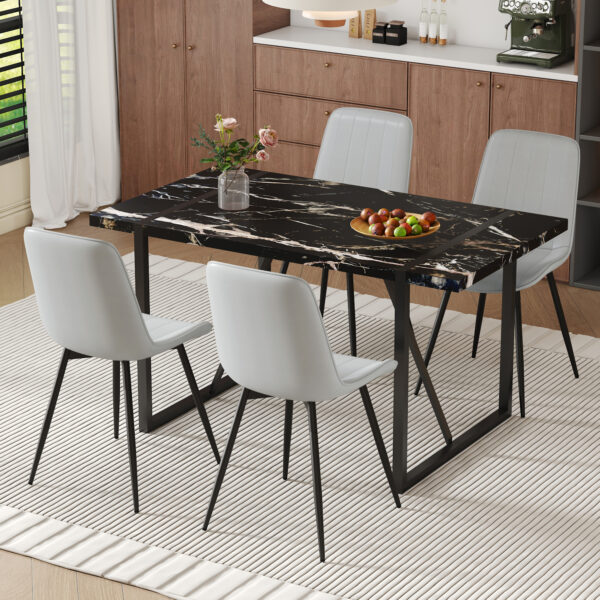 91430daaf8834b29a49cfca4b1a96b21_e0d63fc66db7c1642db15ef4ad120298 Table and chair set.Modern Black Marble Pattern MDF Dining Table Set-55"x31.4" with 4 Extended Seat Cushion PU Dining Chairs.Light Gray Cushion.Iron Pipe Spraying Chair Legs.