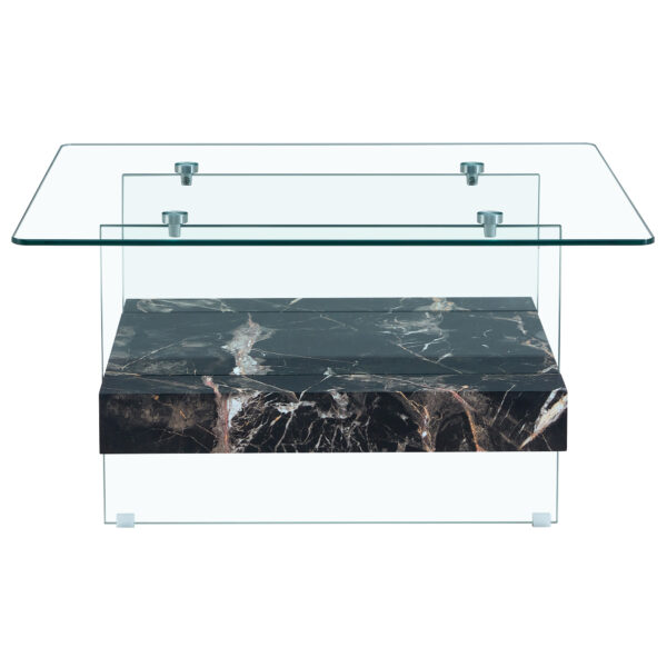 914a0bb602ec4dac8786326824c7b319_b90054576a3b3bbf8a45bbcc53201bff 31.4 Inch Modern Two-Tier Square Coffee Table - An Elegant Combination of Clear Glass and Black Marble Pattern Sticker.It can be used as a coffee table,a side table or a display stand.