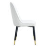 Table and chair set.The table has a glass top with imitation marble pattern stickers and stainless steel golden legs. Paried with chairs with PU artificial leather backrest cushions and black legs.