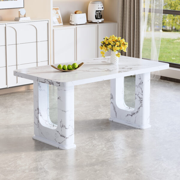9154b8c3547d4af4af246694929b7ddd_25bac21c7b46c8d2ebbf8d34e5ea1b56 64.5 x 35.4 Inch Stylish Marble Textured Dining Table, Perfectly Blending Simplicity And Transparency. Made of MDF Material With White Marble Texture Stickers, It Exudes A Strong Sense Of Fashion.