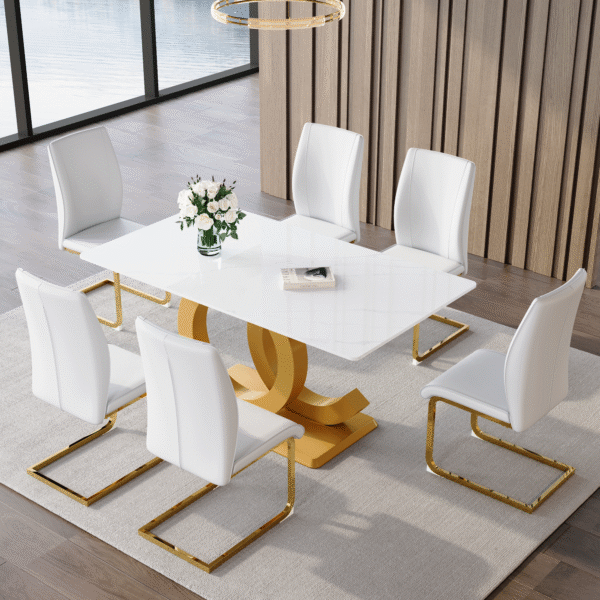 915f3cd38a96435e8e94bc256b319e08_4a2e0cb9b687767c1bcdb4fb46ff99b7 Table and chair set.Subtle Luxury Tempered Glass Dining Set - 63"x35.4" with 6 White PU Material High Resilience Dining Chairs.Arched Metal Gold Leg.White imitation marble texture sticker Tabletop.