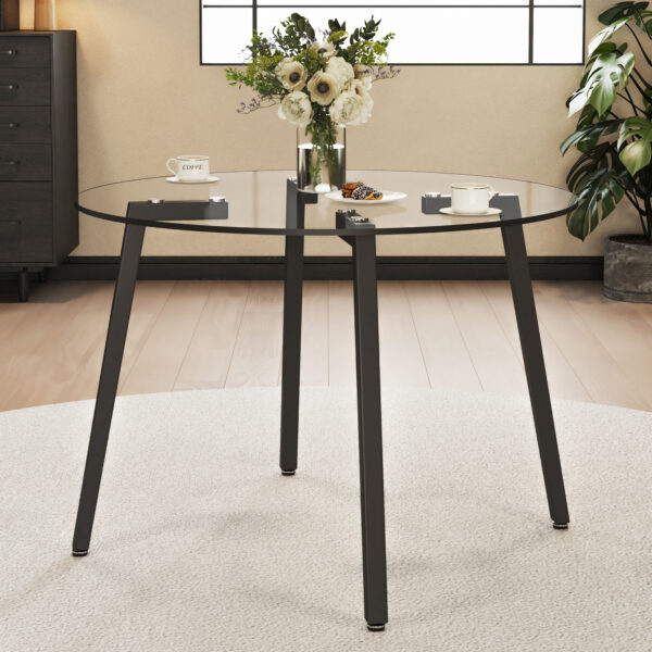 9160e3f9fa364c589807490771c8e2e4_20240207_eda0c5c618abf24dab84b3c6b432569d Modern simple style round transparent tempered glass table, tempered glass table top, black metal legs, suitable for kitchen, dining room and living room, 40 "*40" *29.5 "1123r