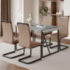 Table and chair set. Modern minimalist grey marble textured MDF dining table with metal frame.Paired with 4 brown technology fabric chairs with Featuring arched black legs.