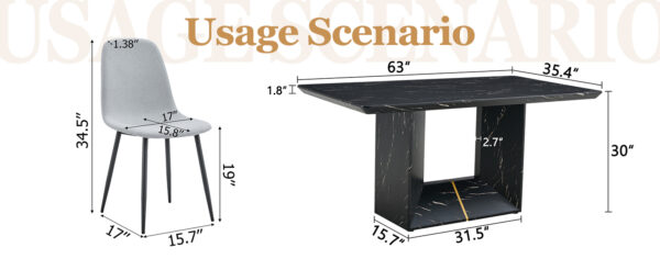 Table and chair set.Black Marble Pattern MDF Dining Table Set - 63"x35.4" with 6 Light Gray Linen Fabric Chairs.Integrated Seat and Backrest,Linen-Cotton Material.Suitable for kitchen,Dining room,etc.