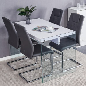Table and chair set.White MDF Coffee Table - Reinforced with Tempered Glass Legs.Paired with 4 Dark Gray high-quality PU chairs with silver metal legs.