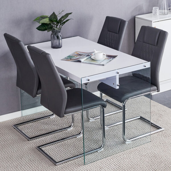 918bb75f840c40fe8560b9c830116519_70ed9ec4df05dd620f4294887b58d581 Table and chair set.White MDF Coffee Table - Reinforced with Tempered Glass Legs.Paired with 4 Dark Gray high-quality PU chairs with silver metal legs.
